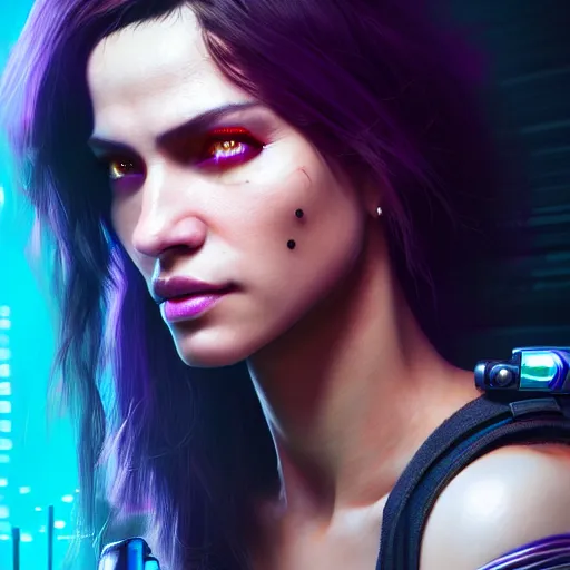 Prompt: portrait of Judy Alvarez, Cyberpunk 2077, dark brown eyes, face, fantasy, intricate, elegant, purple mist, highly detailed, digital painting, trending on artstation, concept art, smooth, sharp focus, illustration, art by artgerm and greg rutkowski and alphonse mucha, unreal engine, 4k, 8k