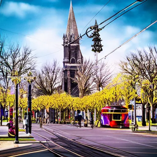 Image similar to haunted holiday in christchurch new zealand tram cashel mall hagley park daffodils high quality 8 k render digital fantasy art beautiful stunning. intricate. ornate. wonderful. utopia.