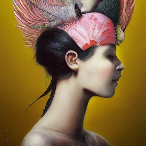 Prompt: a painting of a woman with a bird on her head by li di, featured on cgsociety, fantasy art, made of feathers, detailed painting, whimsical