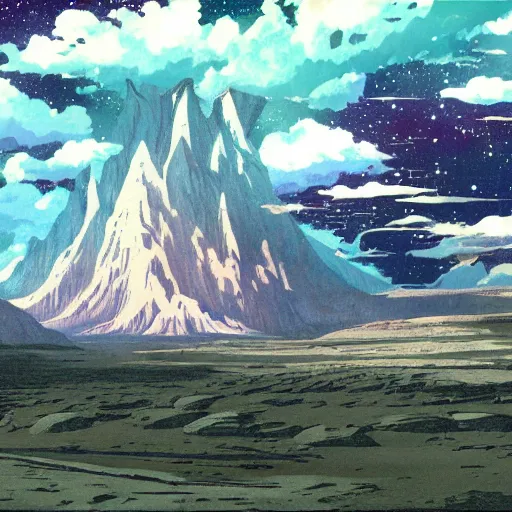 Prompt: sci - fi space landscape by studio ghibli, matte painting