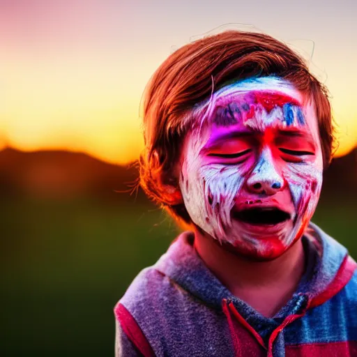 Image similar to 100mm bokeh realistic outdoors photo of a child with various vivid colors of pain smeared on their face, eyes closed, sunset behind them, HDR cinematic lens