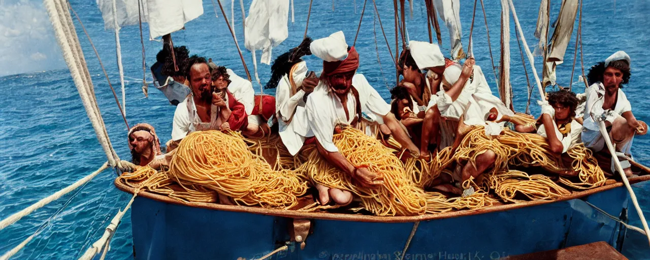 Image similar to pirates holding up spaghetti treasure, aboard a sailboat, caribbean, 1 7 0 0 s, canon 2 0 mm, photograph, kodachrome