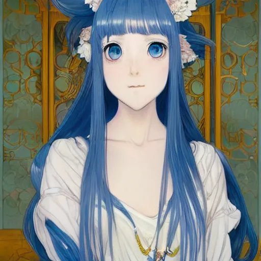 Prompt: an adult girl with long blue hair and blue eyes, a small pigtail on the left side, white fur on top,, chinese blue dress, chinese style, anime style, hyper detailed, illustration, digital painting, art by artgerm and greg rutkowski and alphonse mucha, high delicate defined details, anime stylized, highly detailed, realistic, sharp focus