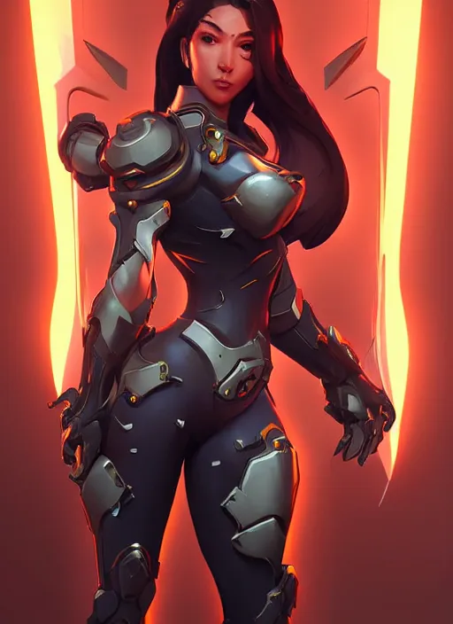 Prompt: poster!! beautiful new female character for overwatch, character concept art, action pose, illustration, full body armor, steel plating, huge weapon, super powers, athletic, long red hair, symmetry, intricate design, shiny, highly detailed, hd, dramatic lighting, art by artgerm and greg rutkowski