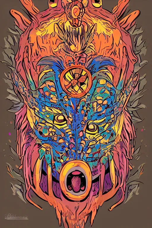 Image similar to animal mask totem roots flower tribal feather gemstone plant wood rock shaman vodoo video game vector cutout illustration vivid multicolor borderlands comics by josan gonzales and dan mumford radiating a glowing aura