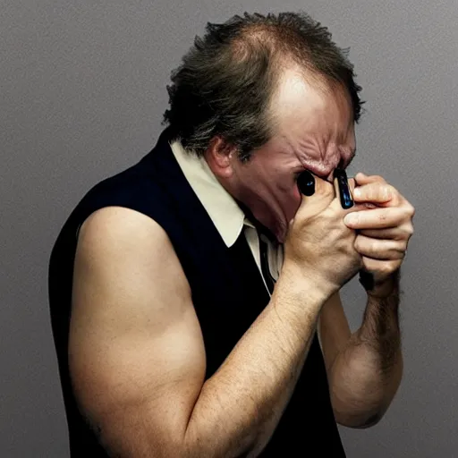 Image similar to photo of a man pointing a gun to his mouth while crying, before suicide, in the style of martin schoeller