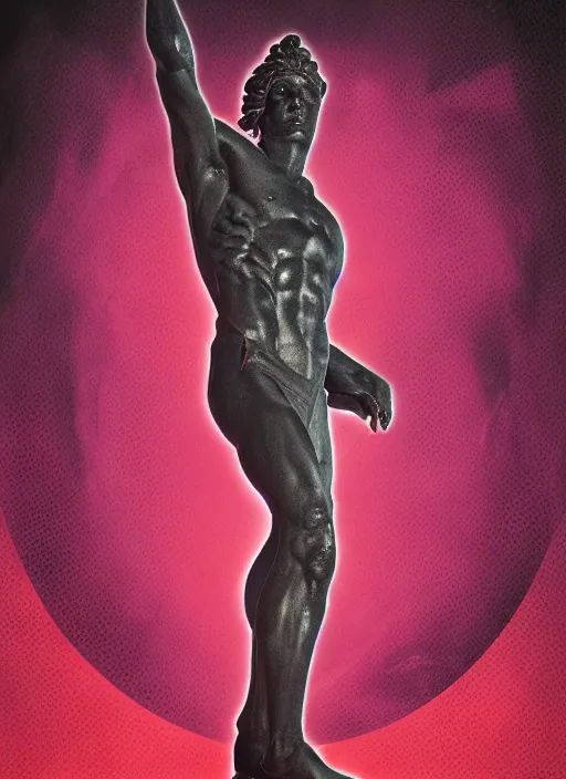 Prompt: dark design poster showing a statue of apollo, black background with very subtle red and purple design elements, powerful, nekro, vito acconci, thin straight lines, dark, glitch art, neo vaporwave, gritty, layout frame, square, trending on artstation