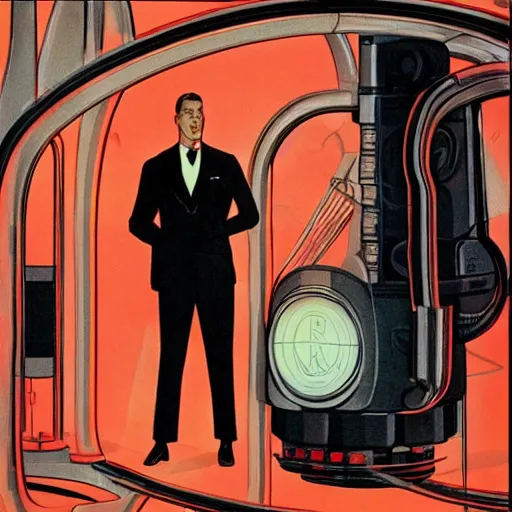 Prompt: man in futurist 6 0 ´ s lab, machines and futurist robots, red lights, leyendecker style, black suit