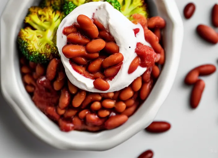 Image similar to food photo still of frozen yogurt topped with baked beans and broccoli, 8 5 mm f 1. 8 studio lighting