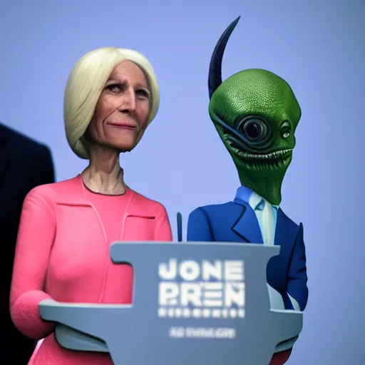 Image similar to alien, wearing a wig and a dress and ((Joe Biden)) at a press conference, photograph, highly detailed, 4K