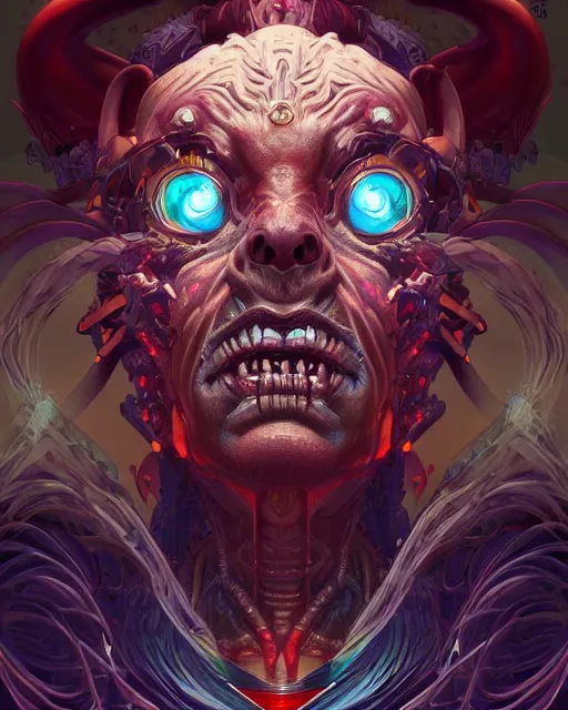 Prompt: a stunning portrait of the demonic cyborg deity, digital art by Dan Mumford and Peter Mohrbacher and Ross Tran, intricate detail, trending on artstationhq