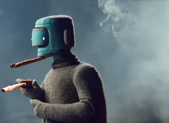 Prompt: film still of bender smoking a cigar in the new scifi movie, 4 k