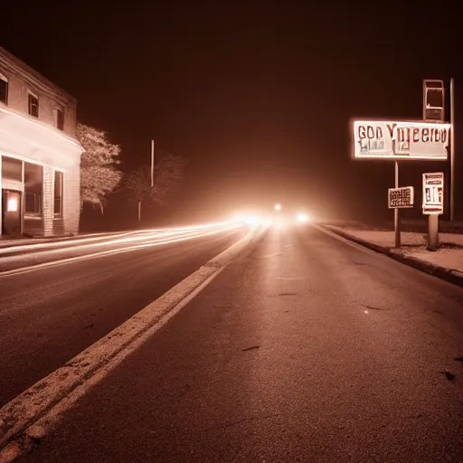 Prompt: A stunningly beautiful award-winning 8K high angle cinematic movie photograph of a dark foggy main intersection in an abandoned 1950s small town at night, by Edward Hopper and David Fincher and Darius Khonji, cinematic lighting, perfect composition, moody low key volumetric light. Color palette from Seven, greens yellows and reds. 2 point perspective, high angle from 15 feet off the ground. Octane render, cgsociety