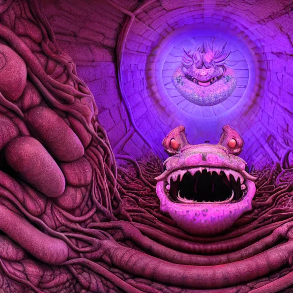 Image similar to detailed shot inside a goddess dragon's cavernous synthetic stomach, the walls purple and pulsing, slimy and hot, lots of acid pooling up on the floor, digesting a bunch humans that ended up inside, food pov, micro pov, vore, digital art, furry art, high quality, 8k 3D realistic, macro art, micro art, Furaffinity, Deviantart, Eka's Portal, G6