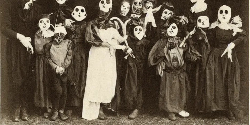 Image similar to victorians wearing vintage scary halloween mask, 1 9 0 0 s picture