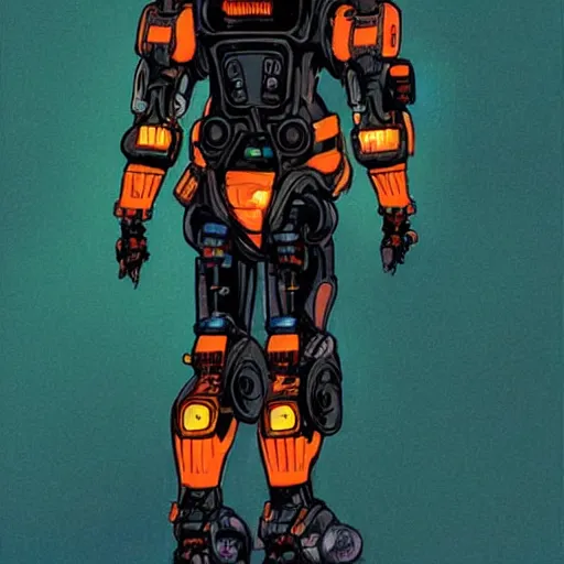 Image similar to cyberpunk athlete dude with robotic feet. orange and black color scheme. concept art by james gurney and mœbius. apex legends character art