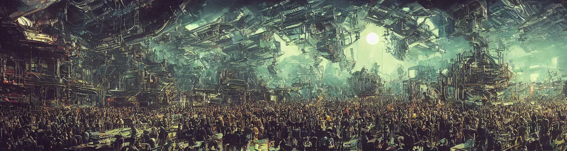 Prompt: a techno rave club in berlin, concept art, intricate details, highly detailed, vintage sci - fi poster, retro future, in the style of chris foss, rodger dean, moebius, michael whelan, and gustave dore