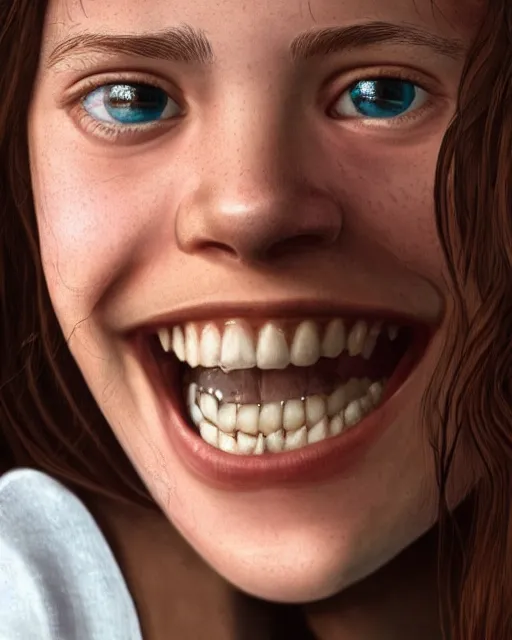 Image similar to close up portrait of 1 5 - year - old girl, smile with large front teeth, hermione granger, very bushy brown hair, and very bright brown eyes, wearing white shirt, hyper realistic face, beautiful eyes, character art, art by mark brooks, hyperdetailed, cryengine, trending on artstation, digital art