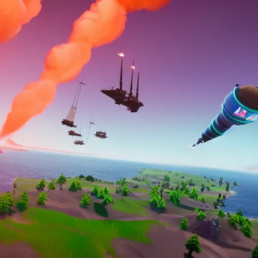 Image similar to multiple fortnite minuteman missile launches in the background, 3 d render, unreal engine 4, high quality