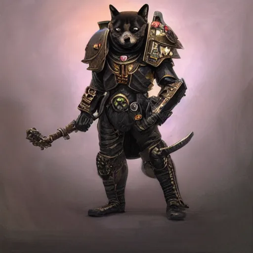 Image similar to wearing warhammer 4 0 k champion black armor, anthropomorphic shiba inu, shiba inu face, stuning 3 d render, masterpiece, glowing aura, by donato giancola and greg rutkowski and wayne barlow and zdzisław beksinski, realistic face