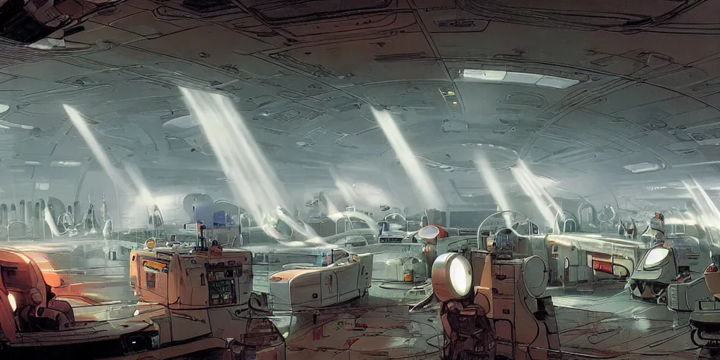 Prompt: circular spaceship medic room laboratory , humans working, thick mist, low ceiling, cables hanging from ceiling, thick cables on ground, god rays of light, huge computer screens, neons, saturated top light , epic scene, scifi, illustration, art by Juan Giménez and moebius