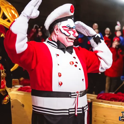 Prompt: a high quality photography of guy a lepage saluting the bonhomme carnaval