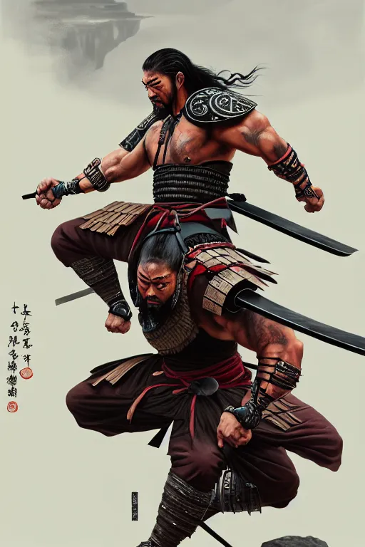 Image similar to roman reigns as a muscular ronin samurai, wearing a haori, by wlop and peter mohrbacher, dramatic action pose, extremely detailed shading, concept art, digital painting, trending on artstation, unreal engine 5, octane render, atmosphere, glow, cinematic lighting, full of color