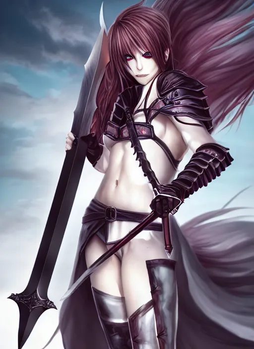 Prompt: full - body portrait, female vampire knight holding a large greatsword, lean and muscular, flying, barefoot, kickboxing foot wraps, exposed toes, black heavy armor, historical armor, metal mask, enchanting, elegant, smiling, ghostblade, wlop, modern fantasy, realistic proportions.