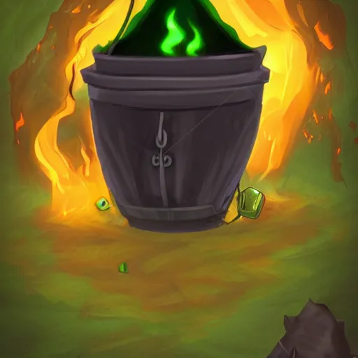 Image similar to a black cauldron filled with a magical green glowing potion hanging above a small campfire, night, fantasy, digital art, mysterious