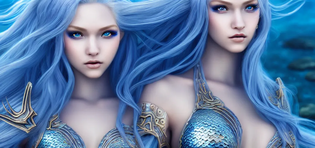 Prompt: close up portrait photo of a gorgeous female mermaid with long blue hair wearing metal armor in the style of stefan kostic, realistic, half body shot, sharp focus, 8 k high definition, insanely detailed, intricate, elegant, art by stanley lau and artgerm, extreme blur coral reef background