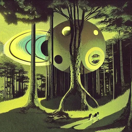 Image similar to A solar lush House in the woods, by Dave McKean and Studio Ghibli