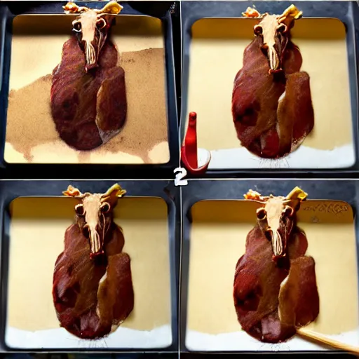 Prompt: making of an edible giraffe from noodles and soy sauce step by step, each step is a progression from the last, dslr