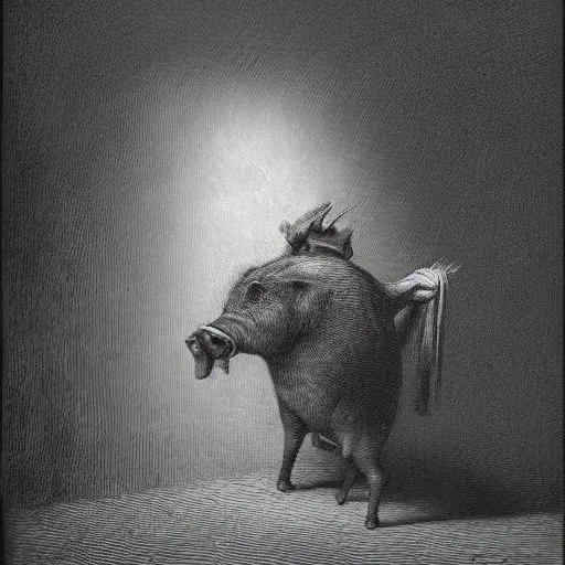 Image similar to detailed portrait of a creepy pig in a tuxedo, dramatic light, Chiaroscuro, dark, illustration by Paul Gustave Doré