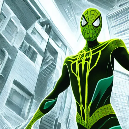 Image similar to moody atmospheric render of a cyborg spiderman with a chartreuse and teal color scheme by leon tukker