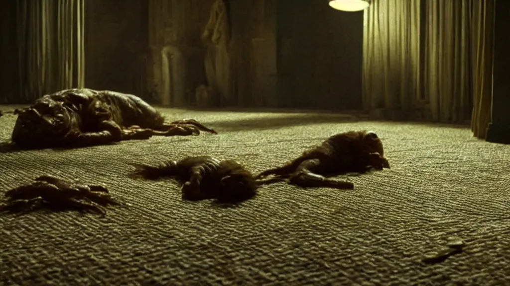 Image similar to the strange creature under the floor, we hear it at night, film still from the movie directed by denis villeneuve and david cronenberg with art direction by salvador dali