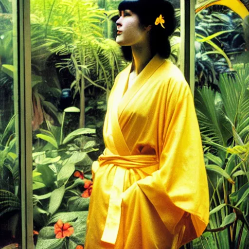 Prompt: Medium format photograph of an perfect woman wearing a yellow kimono in a tropical greenhouse, by james gurney, by john william waterhouse