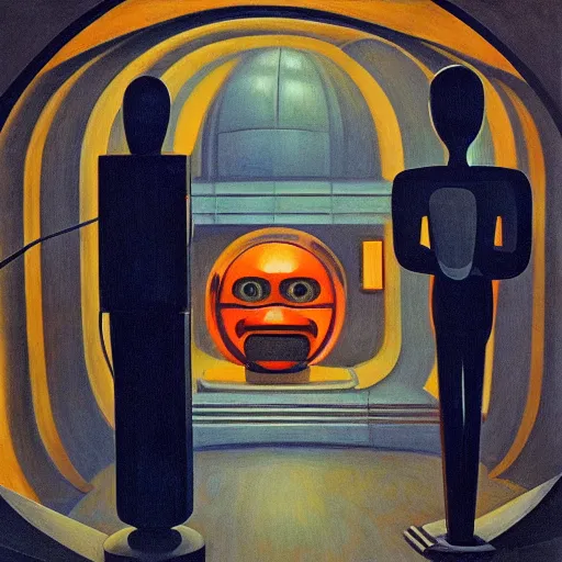 Image similar to three brutalist robotic idols with glowing eyes, inside a dome, pj crook, grant wood, edward hopper, syd mead, chiaroscuro, oil on canvas