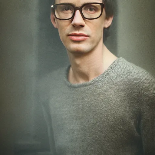 Prompt: skinny boy with glasses, Cottage core, Cinematic focus, Polaroid photo, vintage, neutral colors, soft lights, foggy, by Steve Hanks, by Serov Valentin, by lisa yuskavage, by Andrei Tarkovsky, by Terrence Malick, 8k render, detailed