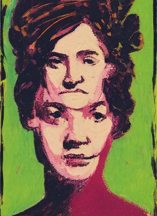 Prompt: an extreme close - up portrait of a lady in a scenic representation of mother nature and the meaning of life by billy childish, thick visible brush strokes, figure painting by anthony cudahy and rae klein, vintage postcard illustration, minimalist cover art by mitchell hooks