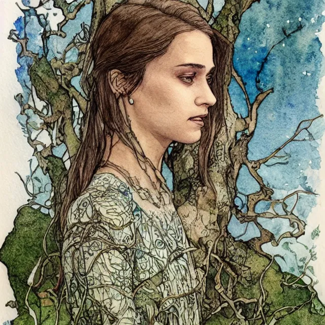 Image similar to a detailed, intricate watercolor and ink portrait illustration with fine lines, of a lovely, pretty, young alicia vikander with a detailed face in a dress sitting on the mossy ground reading under a gnarled tree, by arthur rackham and edmund dulac and ted nutall and mucha