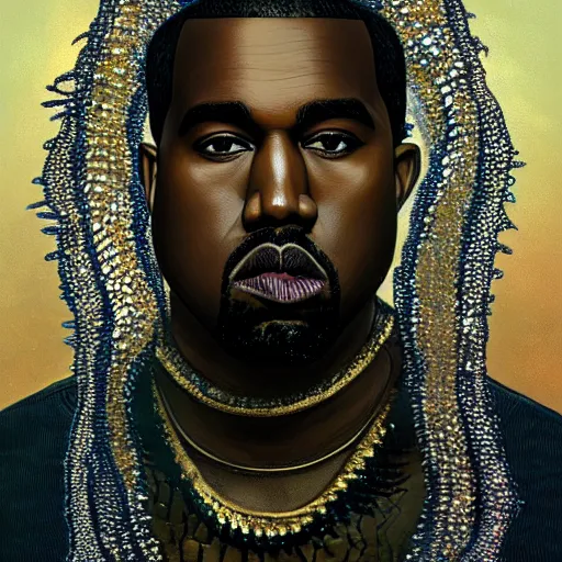 Image similar to portrait of kanye - west as a fish, with shimmering scales as skin, swimming underwater!!!, intricate, extremely detailed, digital painting, artstation, concept art, smooth, sharp focus, illustration, ambient lighting, art by artgerm and greg rutkowski and alphonse mucha and simon stalenhag