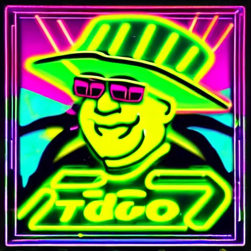 Image similar to neon green taco dancing on horizon cyberwave background with kernel sanders face as sun in the sky