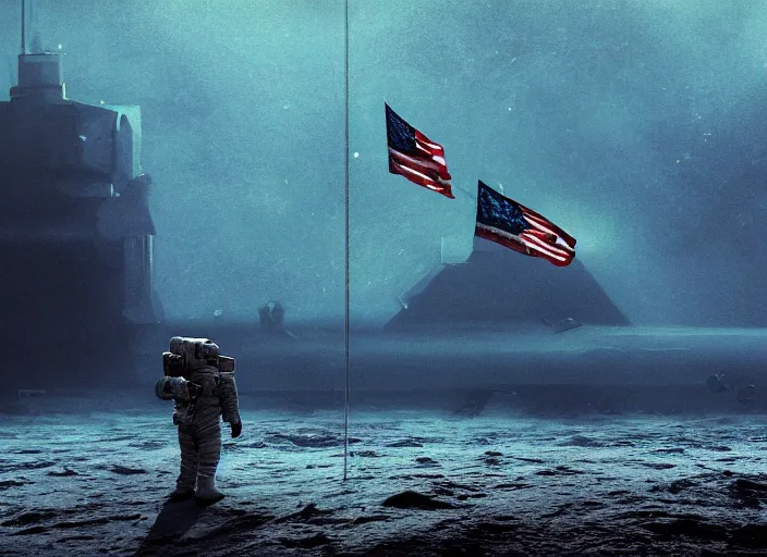 Image similar to astronaut holding a flag in an underwater desert. a submarine is visible in the distance. dark, concept art, cinematic, dramatic, atmospheric, 8 k, trending on artstation, blue, fish, low visibility, fog, ocean floor, christopher nolan, interstellar