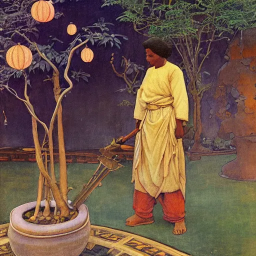 Image similar to Old African gardener cutting bonsai trees, gray hair, idyllic Garden, by Annie Swynnerton and Nicholas Roerich and jean delville, glowing paper lanterns, strong dramatic cinematic lighting , ornate tiled architecture, lost civilizations, smooth, sharp focus, extremely detailed