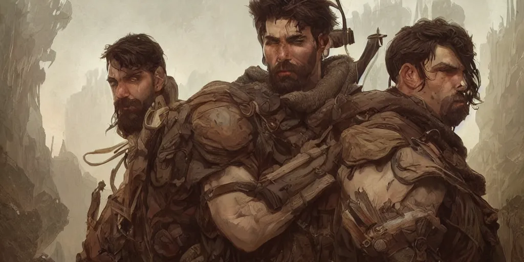 Image similar to two rugged male rangers, tasteful facial scar, D&D, fantasy, intricate, elegant, highly detailed, digital painting, artstation, concept art, smooth, sharp focus, illustration, art by artgerm and greg rutkowski and alphonse mucha