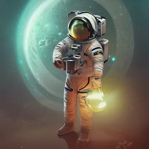 Prompt: astronaut [ holding a bowl filled entirely with stars and space ]!!, digital art, trending on cgsociety, 4 k quality, intricate details