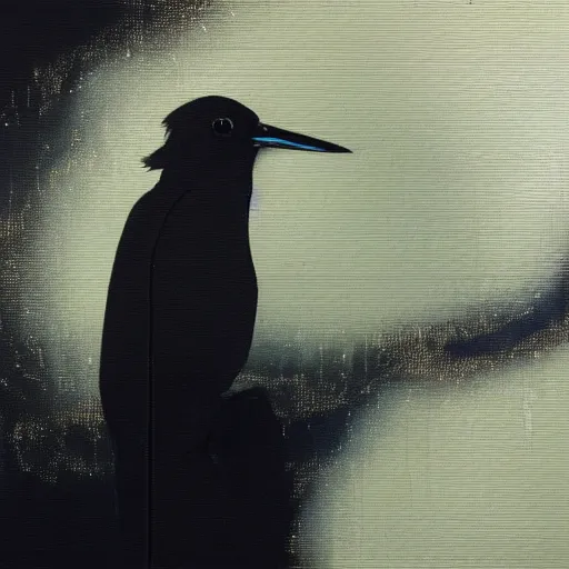 Prompt: a full-metal neon-winged wren, the background is the kernel source of a virtual world, oil on canvas by Yoji Shinkawa and Stina Persson