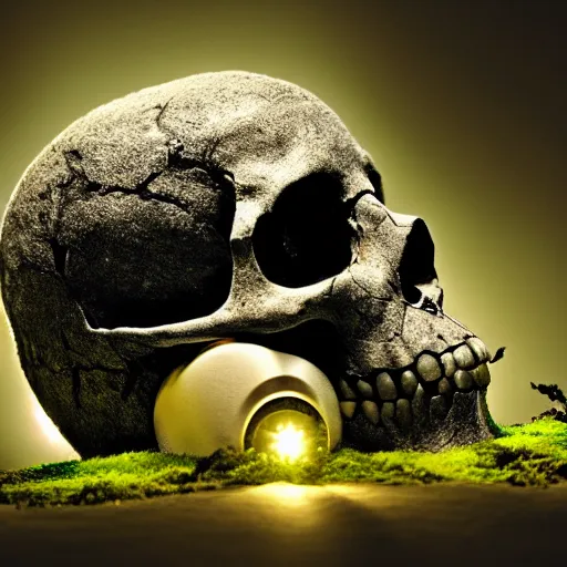 Image similar to A skull being covered in moss, with a projector beam emitting from the left eye socket, the skull has wisps of smoke surrounding it, rear view cinematic lighting