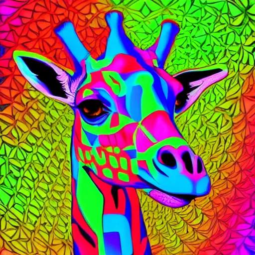 Prompt: a psychedelic neon technicolor portrait illustration of a giraffe in geometric kaleidoscopic colors with gradients vaporwave trending on artstation 4 k intricate extremely detailed digital art