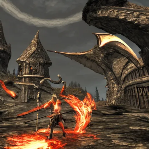 Image similar to skyrim anime, detailed, lighting, dragon fight, fire, mythical, tower